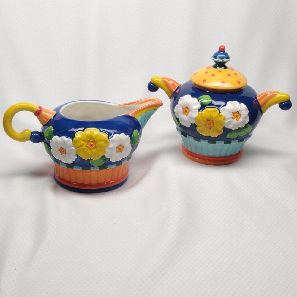 Department 56 Primrose Sugar Creamer Set Floral 3D Blue Yellow 1990s Vintage